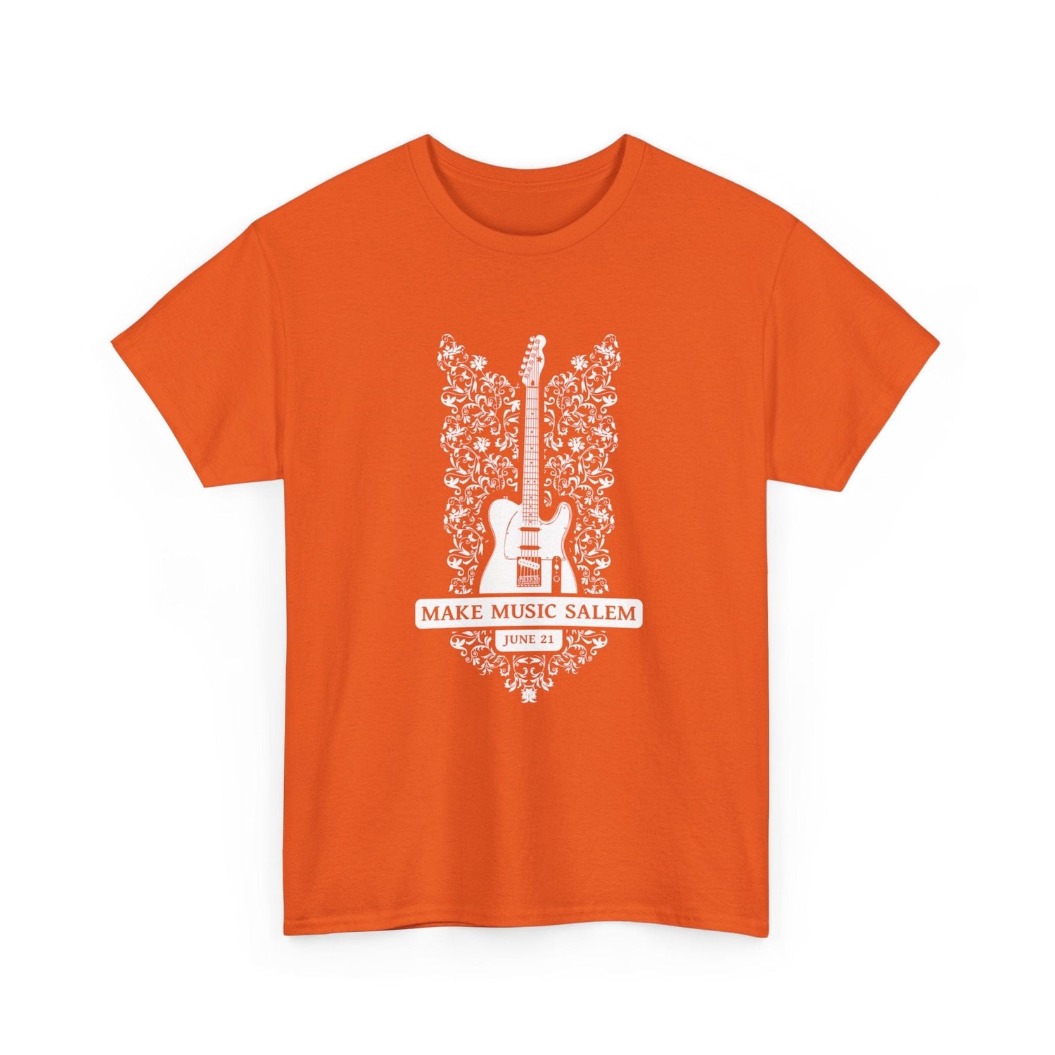 Make Music Day Salem Floral Guitar White Logo T-Shirt T-Shirt Printify - RiverCity Rockstar Academy Music Store, Salem Keizer Oregon