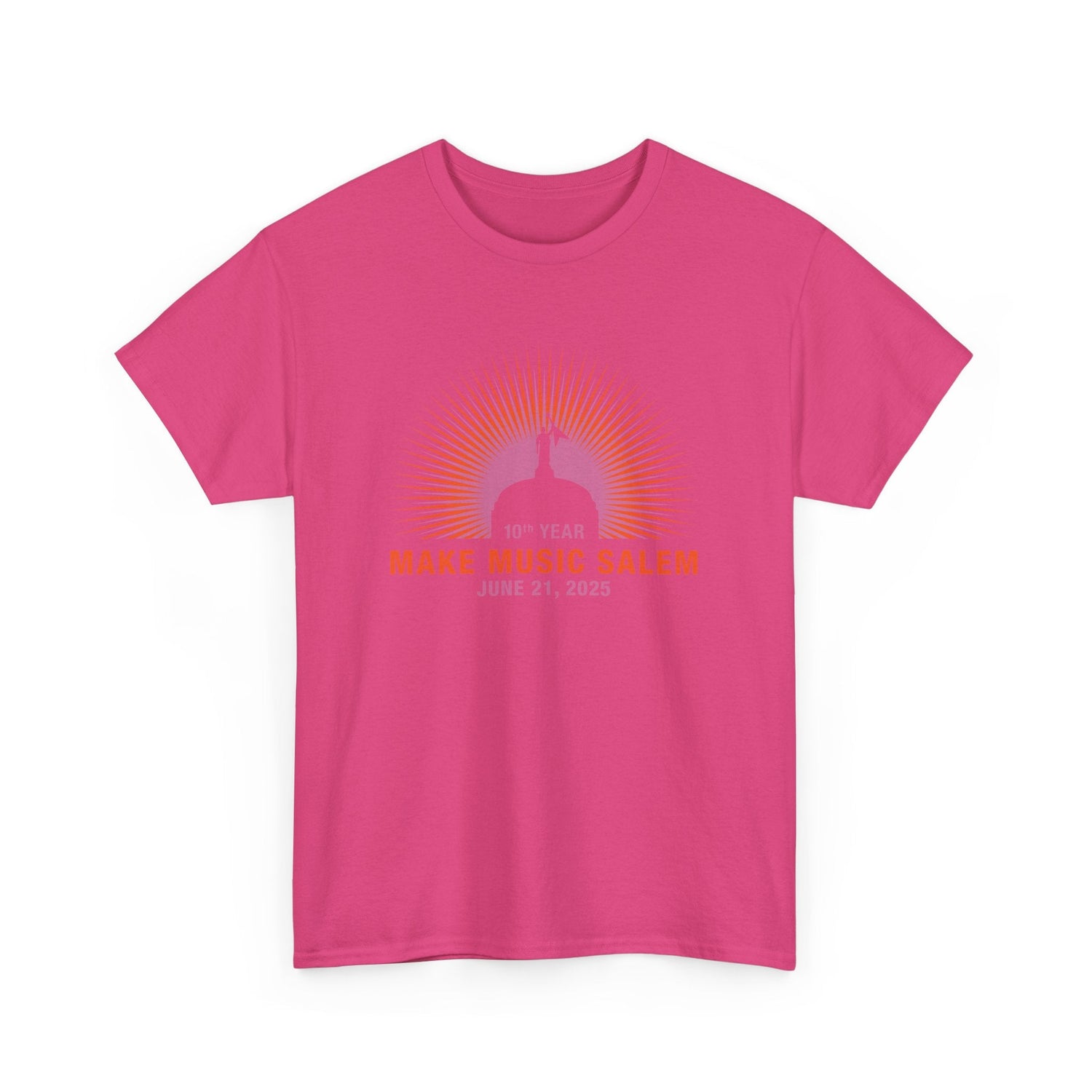 A vibrant Make Music Day Salem Capital Sunset T-Shirt featuring colorful sunset graphics and musical-themed design elements, perfect for celebrating music and local community events