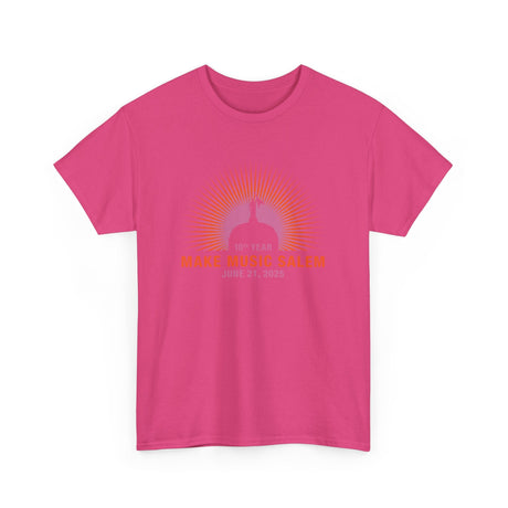 A vibrant Make Music Day Salem Capital Sunset T-Shirt featuring colorful sunset graphics and musical-themed design elements, perfect for celebrating music and local community events