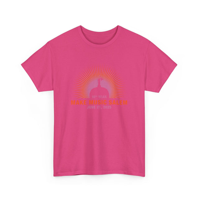 A vibrant Make Music Day Salem Capital Sunset T-Shirt featuring colorful sunset graphics and musical-themed design elements, perfect for celebrating music and local community events