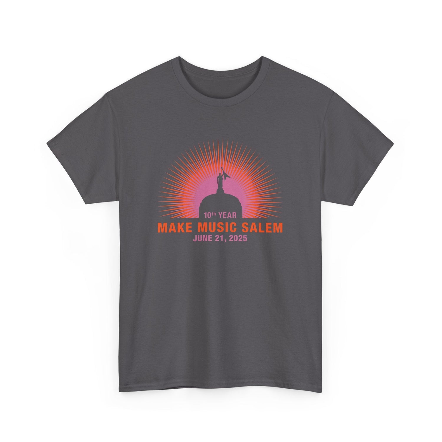 A vibrant Salem Capital Sunset T-Shirt celebrating Make Music Day with colorful musical graphics and sunset backdrop