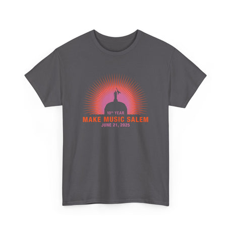 A vibrant Salem Capital Sunset T-Shirt celebrating Make Music Day with colorful musical graphics and sunset backdrop