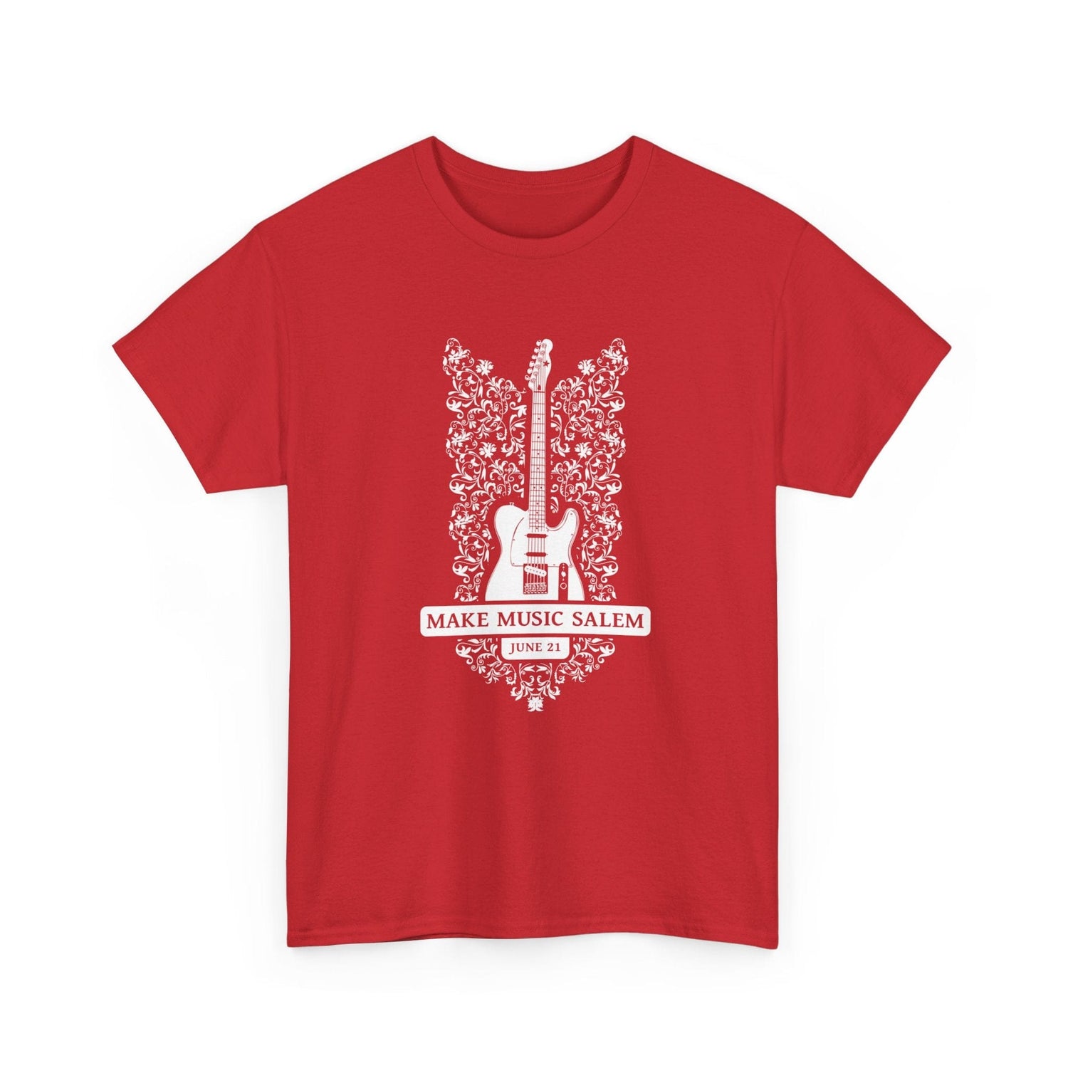 Make Music Day Salem Floral Guitar White Logo T-Shirt T-Shirt Printify - RiverCity Rockstar Academy Music Store, Salem Keizer Oregon