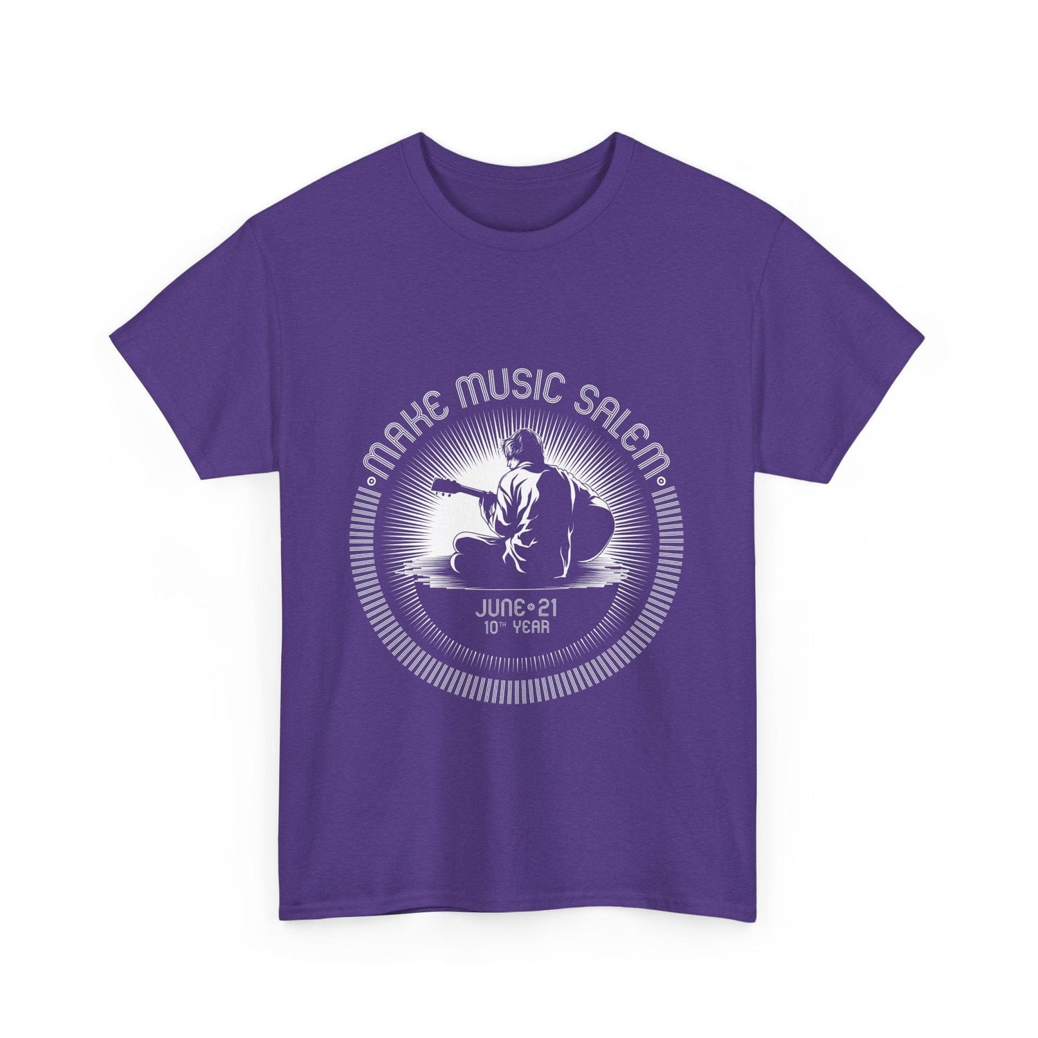 A white T-shirt featuring the Make Music Day Salem Guitar Guy logo, perfect for music lovers and celebrating musical events