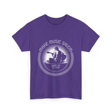 A white T-shirt featuring the Make Music Day Salem Guitar Guy logo, perfect for music lovers and celebrating musical events
