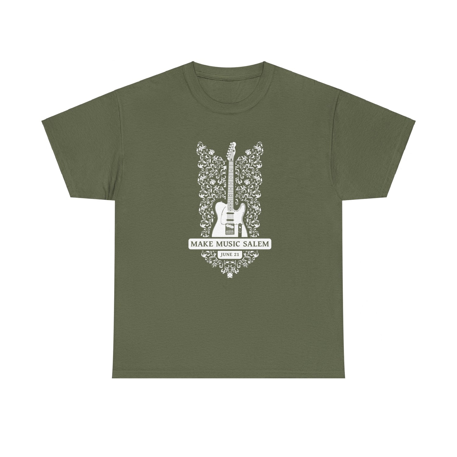 Make Music Day Salem Floral Guitar White Logo T-Shirt T-Shirt Printify - RiverCity Rockstar Academy Music Store, Salem Keizer Oregon
