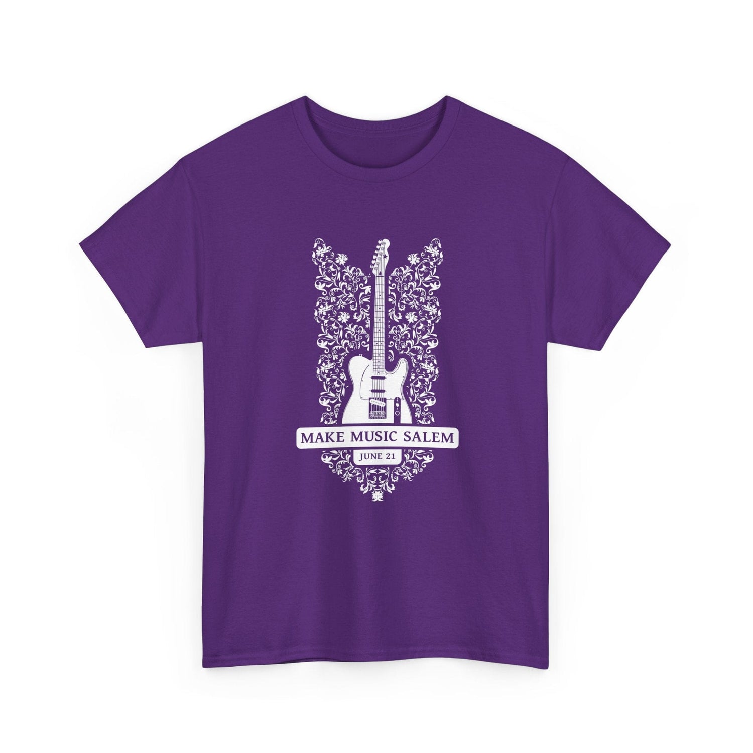 Make Music Day Salem Floral Guitar White Logo T-Shirt T-Shirt Printify - RiverCity Rockstar Academy Music Store, Salem Keizer Oregon