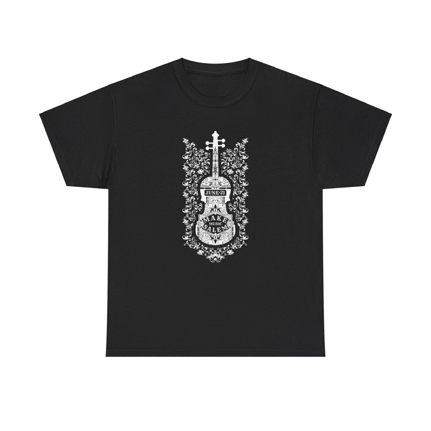 Make Music Day Salem Floral Violin White Logo T-Shirt T-Shirt Printify - RiverCity Rockstar Academy Music Store, Salem Keizer Oregon