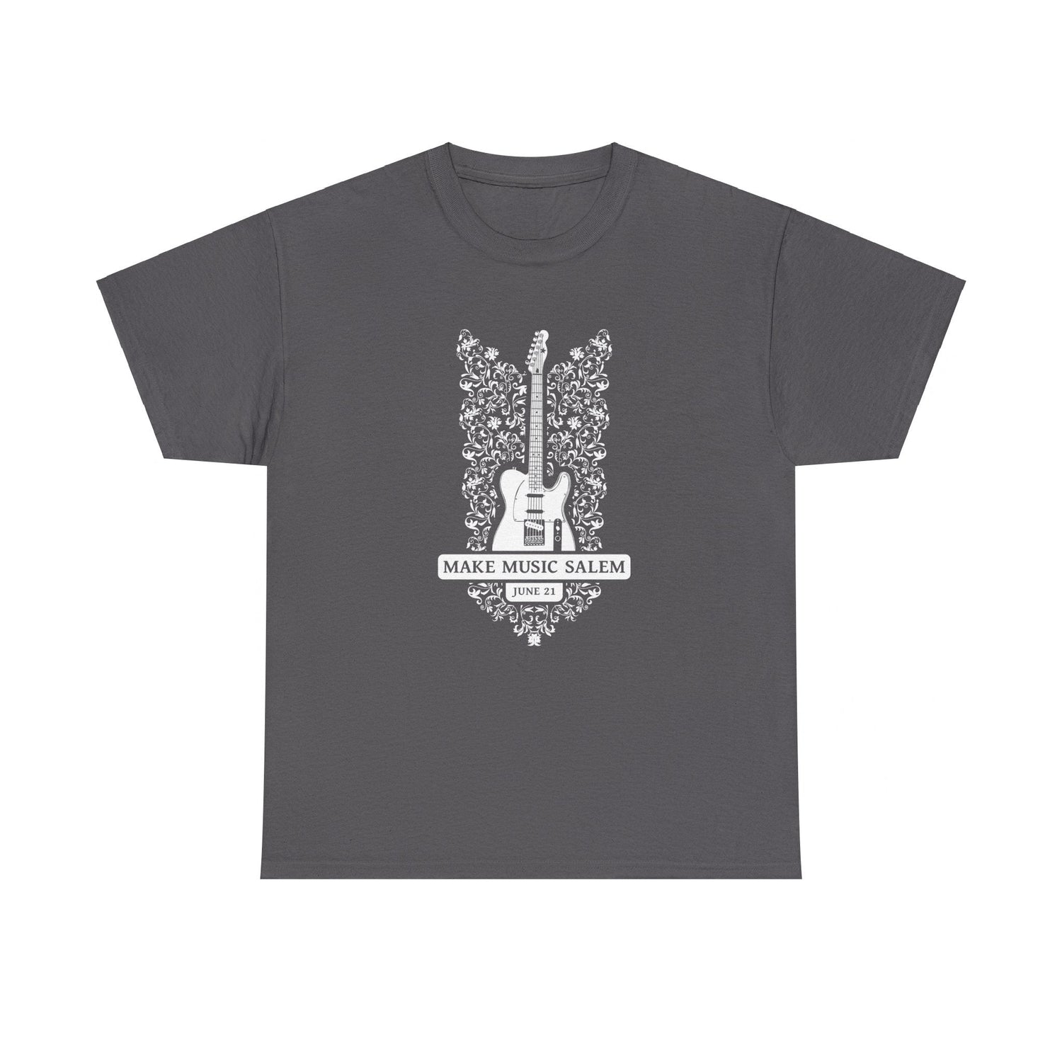 Make Music Day Salem Floral Guitar White Logo T-Shirt T-Shirt Printify - RiverCity Rockstar Academy Music Store, Salem Keizer Oregon