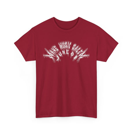 A vibrant Salem Metal T-Shirt celebrating Make Music Day with bold music-themed graphics and striking design elements