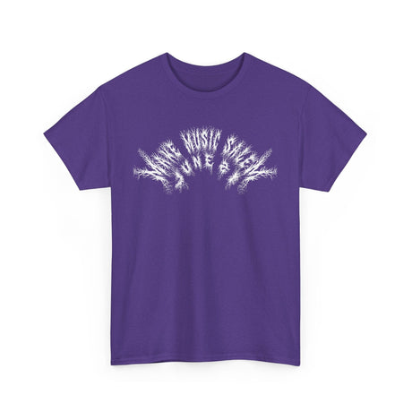 A vibrant Salem Metal T-Shirt celebrating Make Music Day with bold graphic design and musical symbols