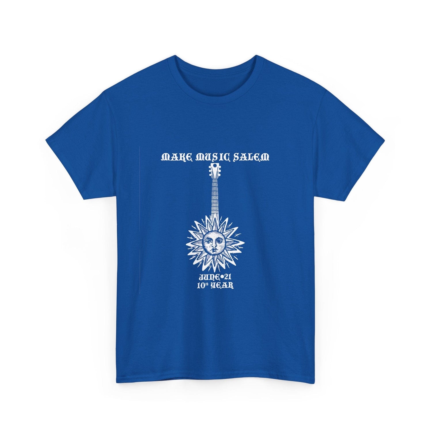 White Make Music Day Salem Sun Guitar Logo T-Shirt featuring vibrant printed design and comfortable fabric
