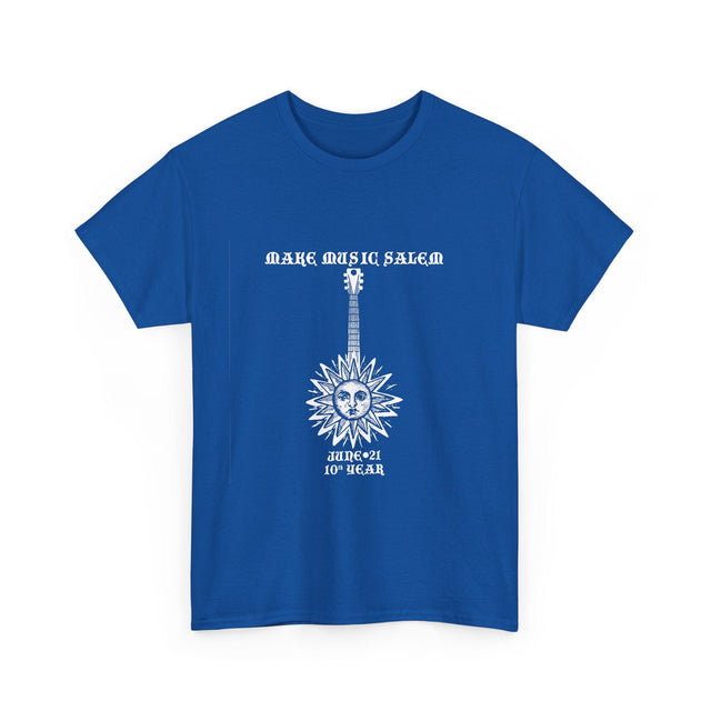White Make Music Day Salem Sun Guitar Logo T-Shirt featuring vibrant printed design and comfortable fabric