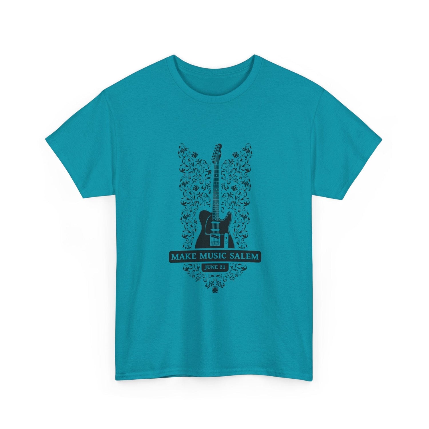 Make Music Day Salem Floral Guitar Black Logo T-Shirt T-Shirt Printify - RiverCity Rockstar Academy Music Store, Salem Keizer Oregon