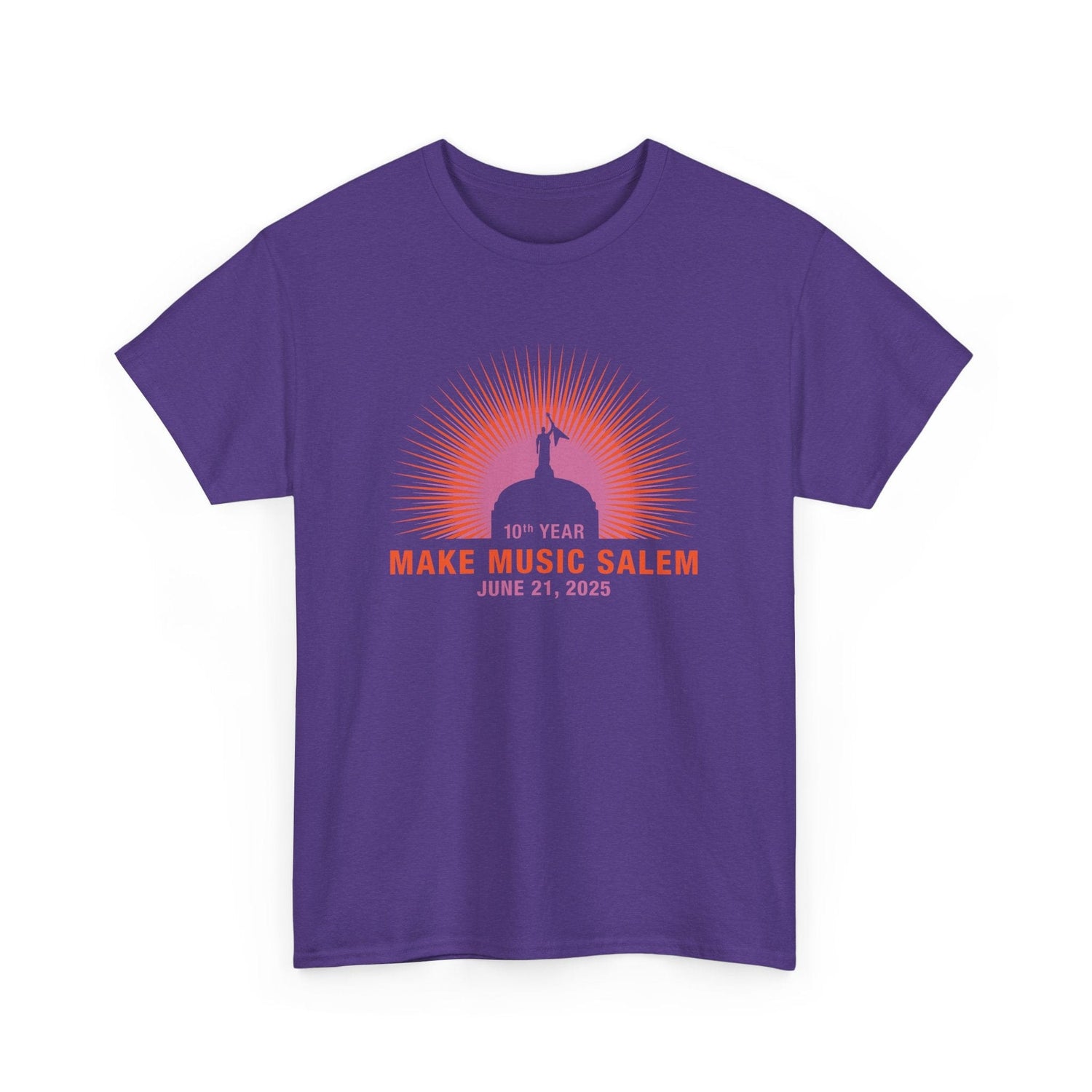 A vibrant Salem Capital Sunset T-Shirt celebrating Make Music Day with colorful musical notes and sunset imagery