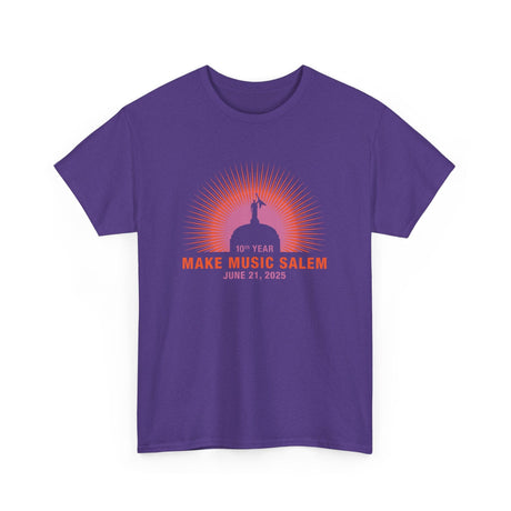 A vibrant Salem Capital Sunset T-Shirt celebrating Make Music Day with colorful musical notes and sunset imagery