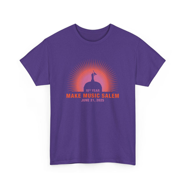 A vibrant Salem Capital Sunset T-Shirt celebrating Make Music Day with colorful musical notes and sunset imagery