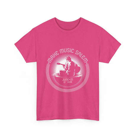 Make Music Day Salem Guitar Guy White Logo T-Shirt showcasing vibrant design and promotional branding for music lovers and event supporters