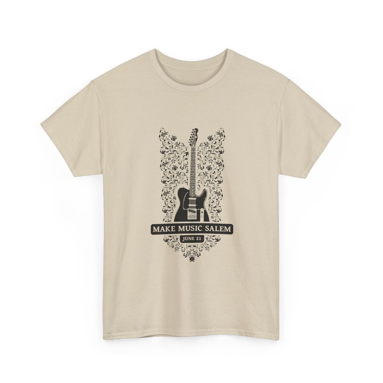 Make Music Day Salem Floral Guitar Black Logo T-Shirt T-Shirt Printify - RiverCity Rockstar Academy Music Store, Salem Keizer Oregon
