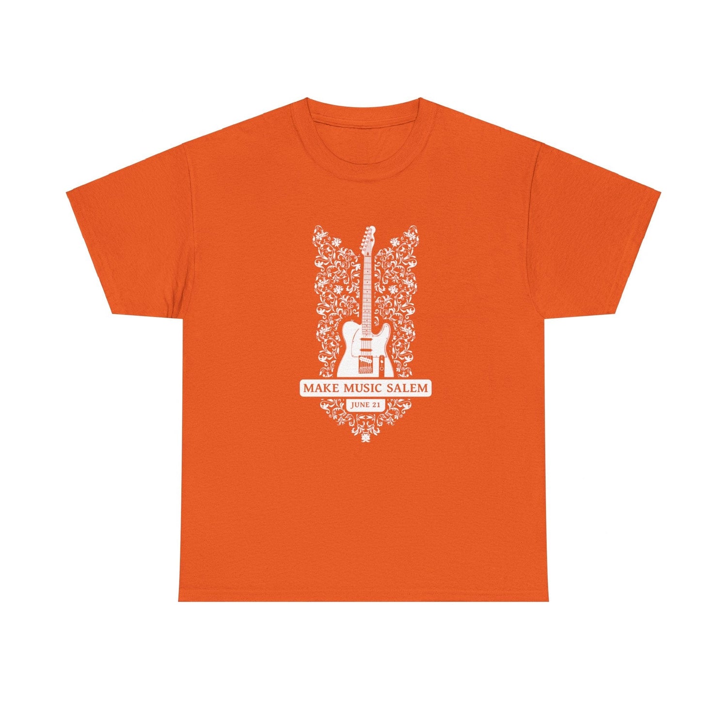 Make Music Day Salem Floral Guitar White Logo T-Shirt T-Shirt Printify - RiverCity Rockstar Academy Music Store, Salem Keizer Oregon