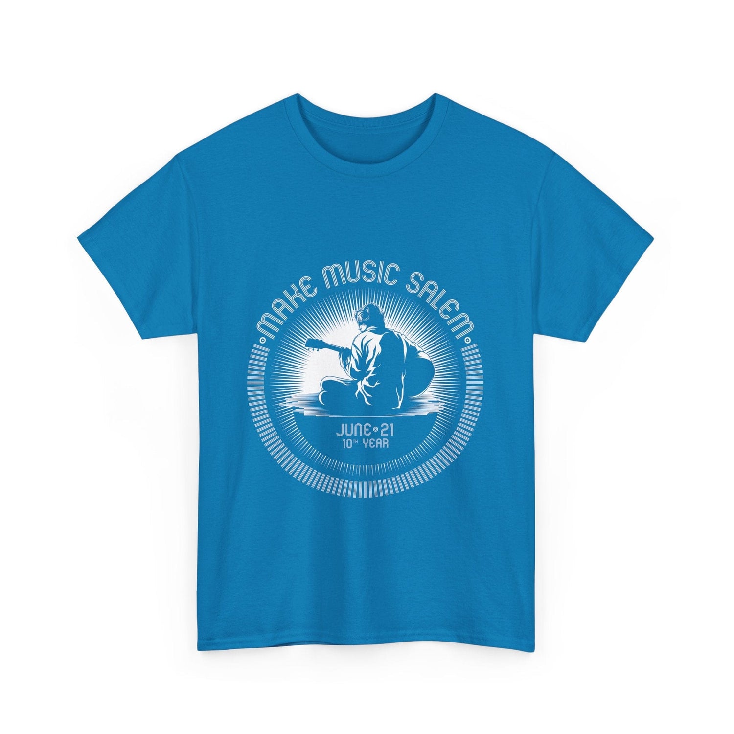 White Make Music Day Salem Guitar Guy T-Shirt featuring vibrant logo design for music lovers and event supporters