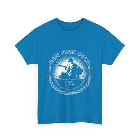 White Make Music Day Salem Guitar Guy T-Shirt featuring vibrant logo design for music lovers and event supporters