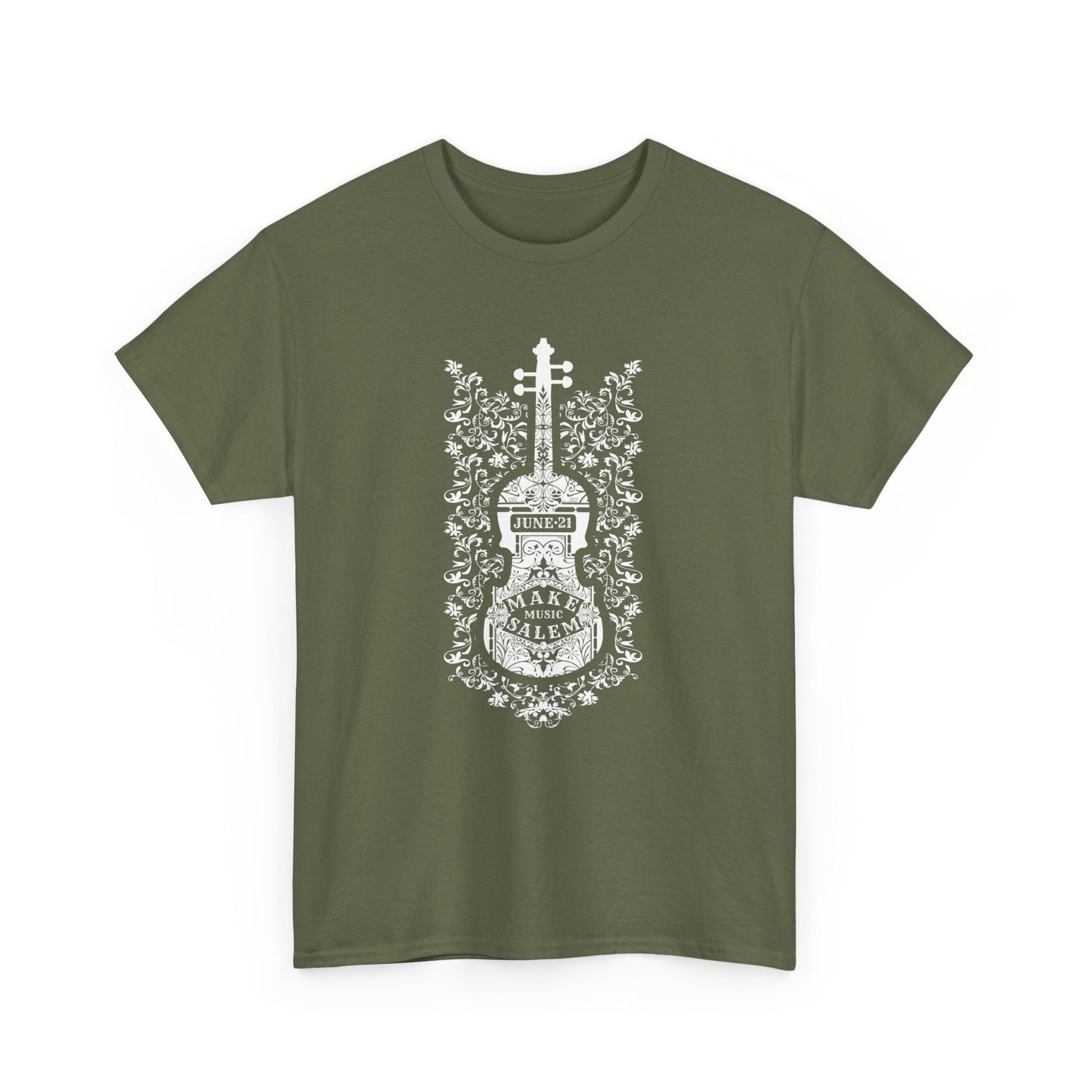 Make Music Day Salem Floral Violin White Logo T-Shirt T-Shirt Printify - RiverCity Rockstar Academy Music Store, Salem Keizer Oregon