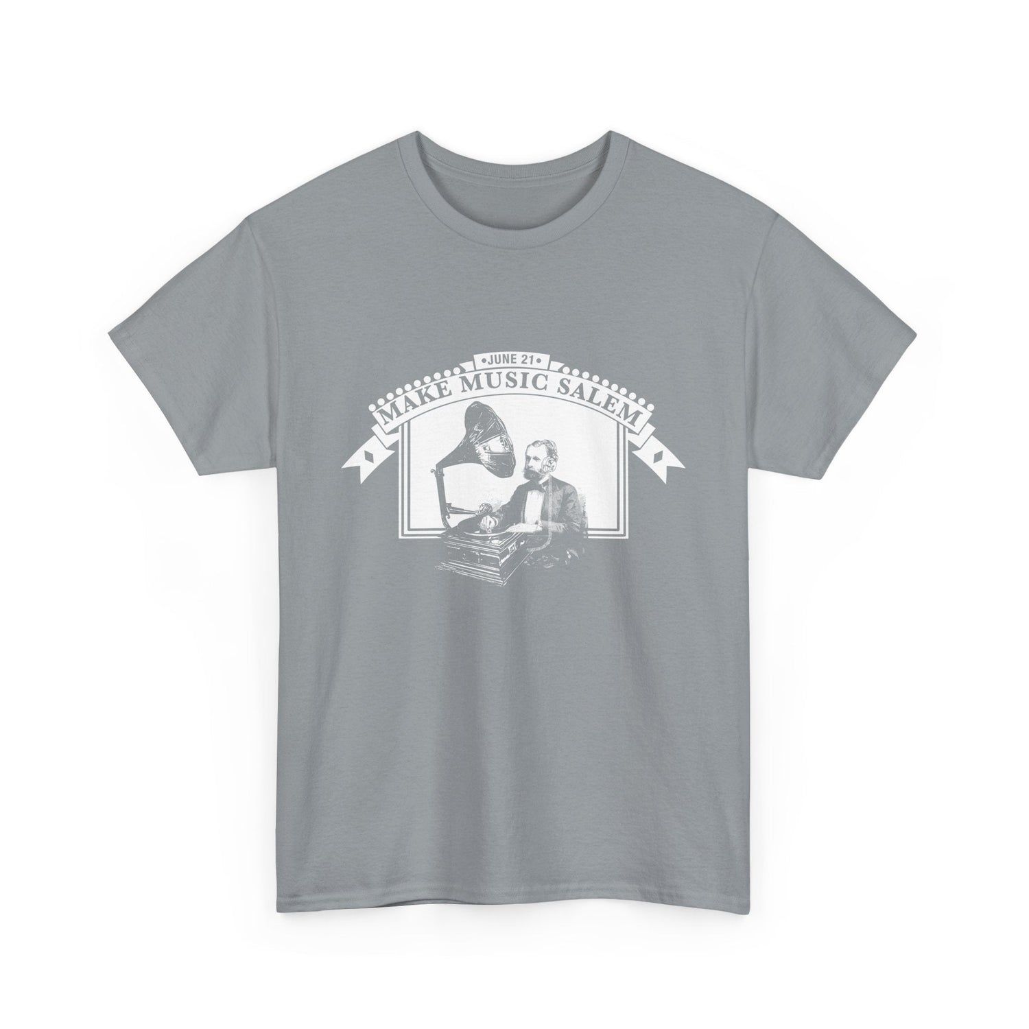 Make Music Day Salem Turntable White Logo T-Shirt T-Shirt Printify - RiverCity Rockstar Academy Music Store, Salem Keizer Oregon