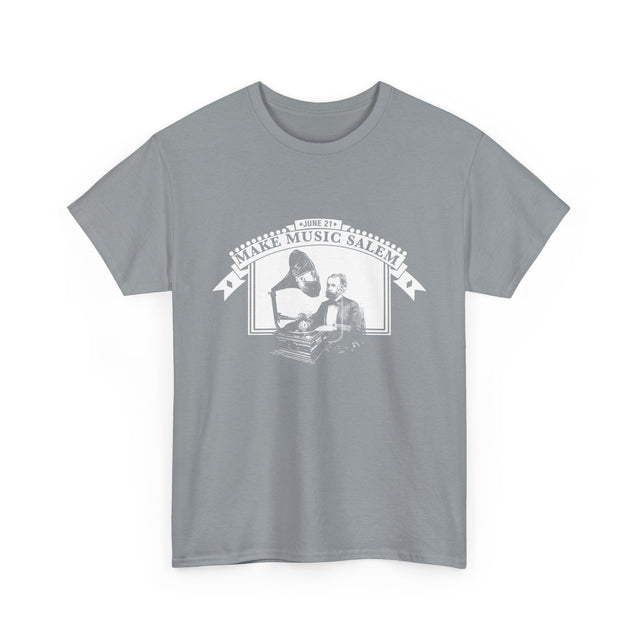 Make Music Day Salem Turntable White Logo T-Shirt T-Shirt Printify - RiverCity Rockstar Academy Music Store, Salem Keizer Oregon