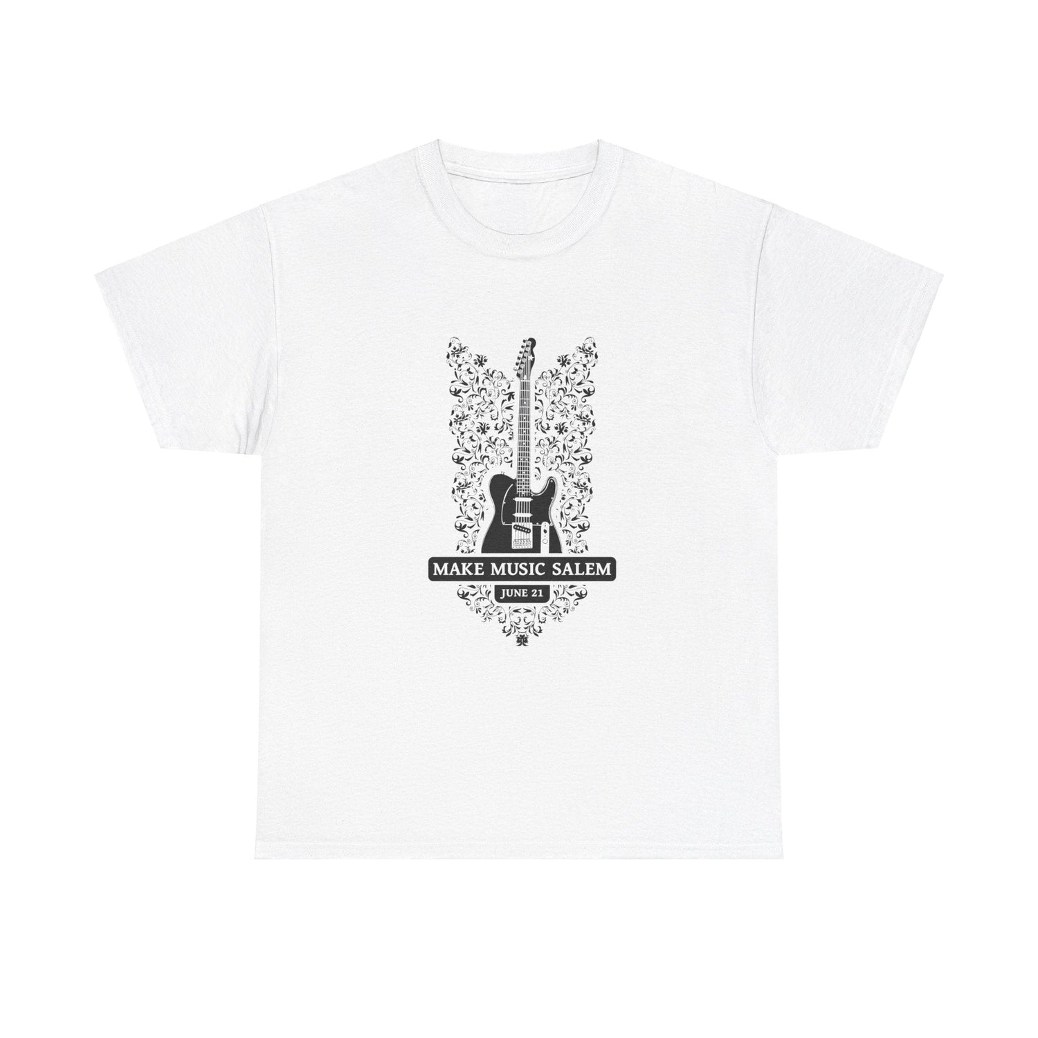 Make Music Day Salem Floral Guitar Black Logo T-Shirt T-Shirt Printify - RiverCity Rockstar Academy Music Store, Salem Keizer Oregon