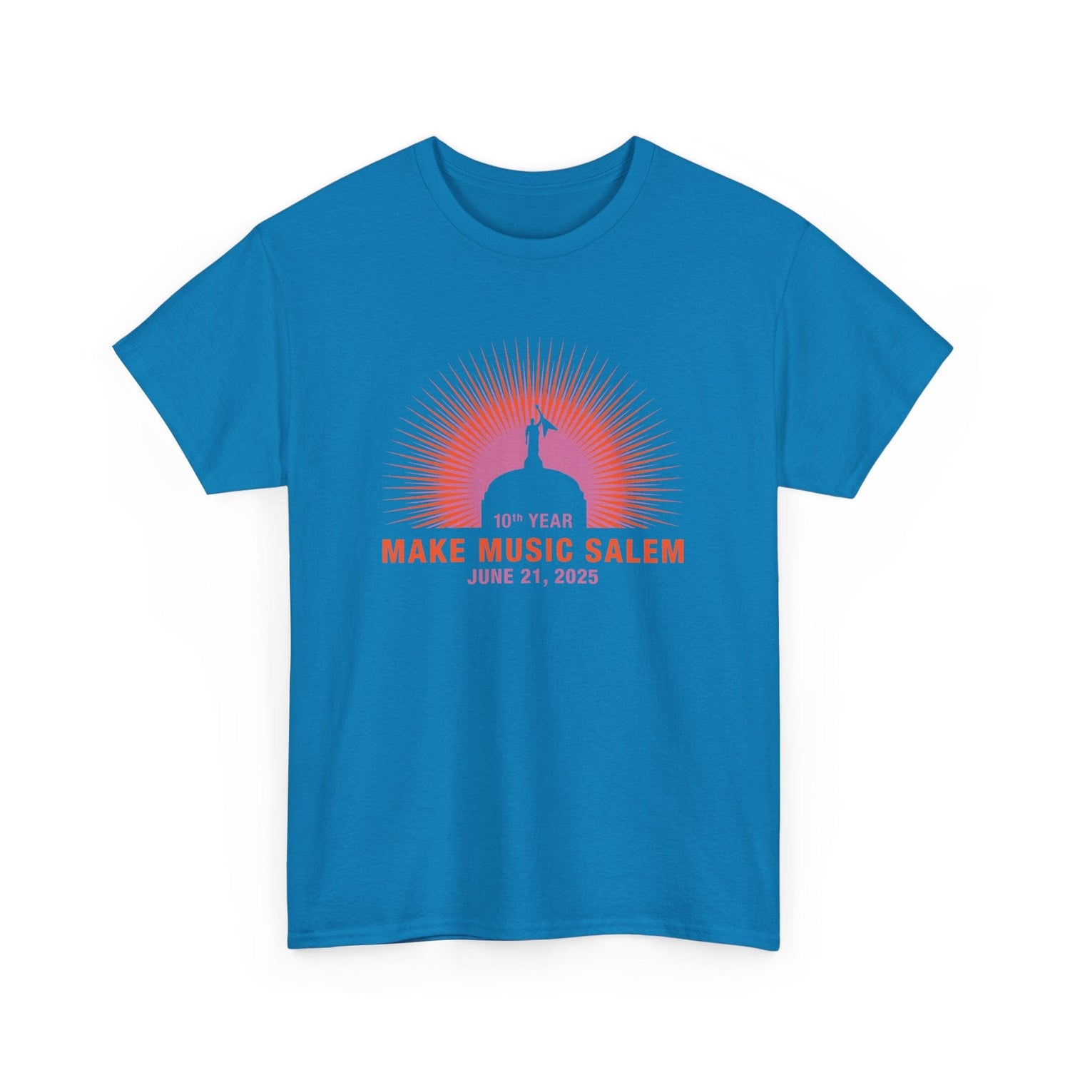 Bright yellow Salem Capital Sunset T-Shirt celebrating Make Music Day with vibrant musical-themed artwork