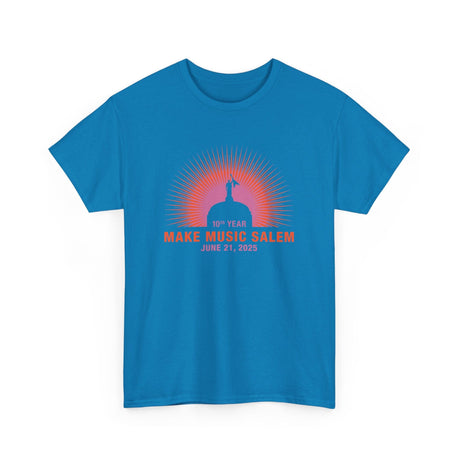 Bright yellow Salem Capital Sunset T-Shirt celebrating Make Music Day with vibrant musical-themed artwork