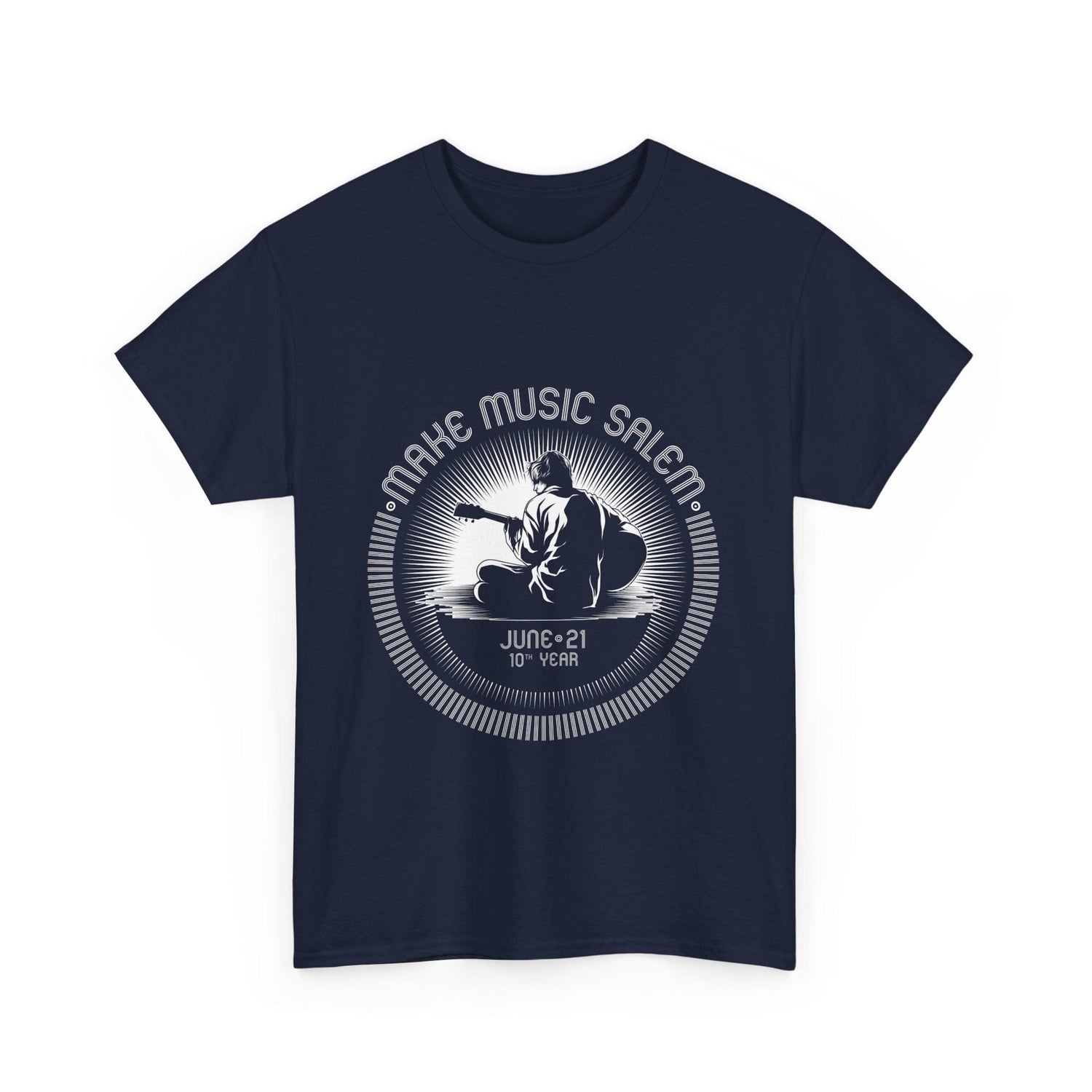 White Make Music Day Salem Guitar Guy logo T-shirt featuring vibrant guitar imagery and bold text design for music enthusiasts