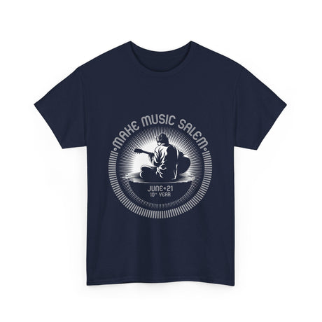 White Make Music Day Salem Guitar Guy logo T-shirt featuring vibrant guitar imagery and bold text design for music enthusiasts
