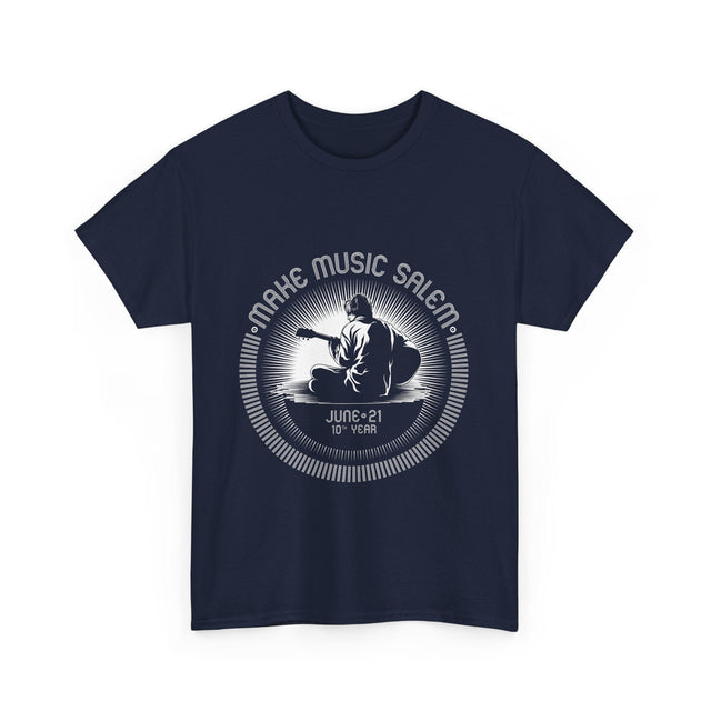 White Make Music Day Salem Guitar Guy logo T-shirt featuring vibrant guitar imagery and bold text design for music enthusiasts