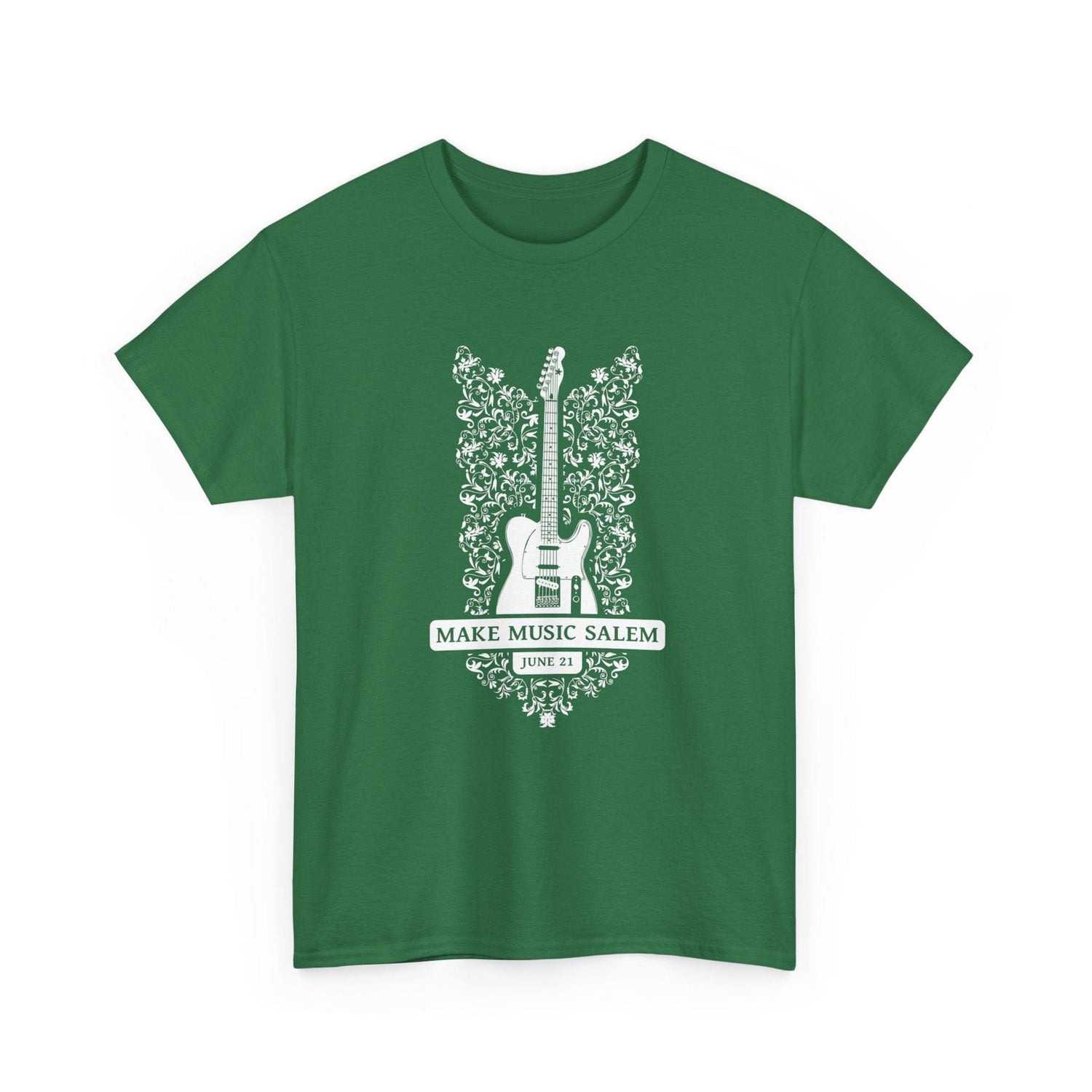 Make Music Day Salem Floral Guitar White Logo T-Shirt T-Shirt Printify - RiverCity Rockstar Academy Music Store, Salem Keizer Oregon