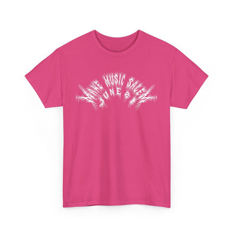 A vibrant Salem Metal T-Shirt celebrating Make Music Day with bold, colorful musical graphics and event branding