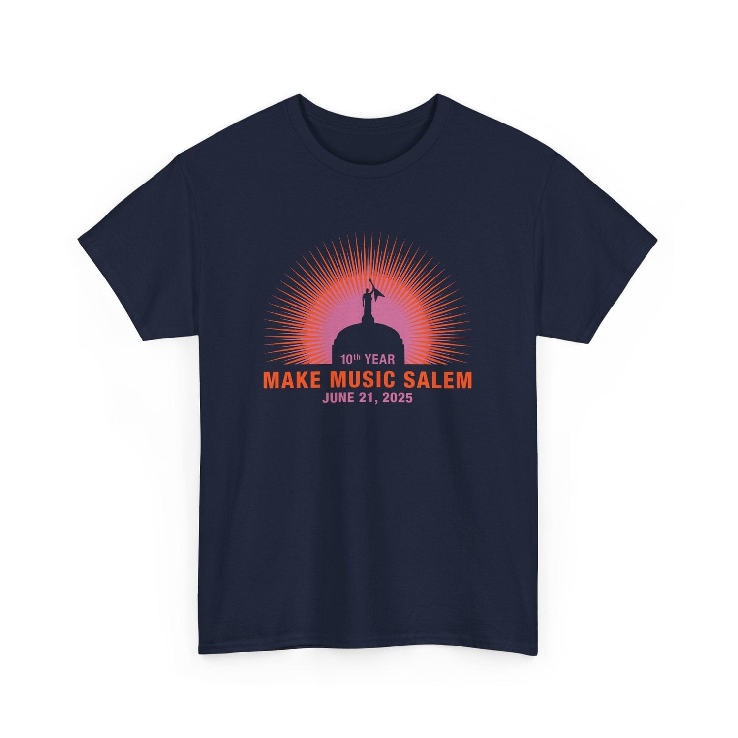 A vibrant Salem Make Music Day sunset T-shirt featuring colorful musical notes and city skyline design on soft fabric