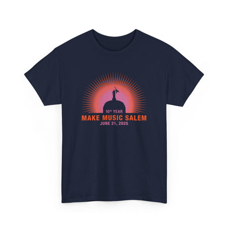 A vibrant Salem Make Music Day sunset T-shirt featuring colorful musical notes and city skyline design on soft fabric