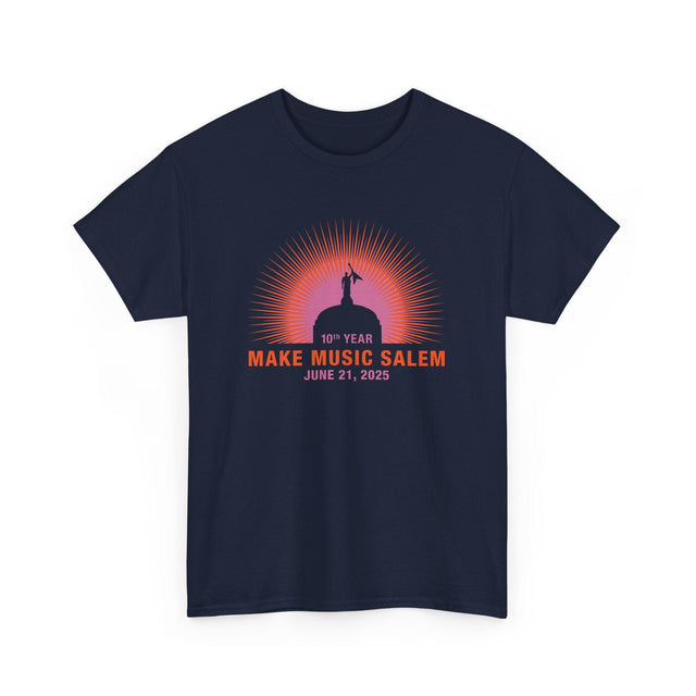 A vibrant Salem Make Music Day sunset T-shirt featuring colorful musical notes and city skyline design on soft fabric
