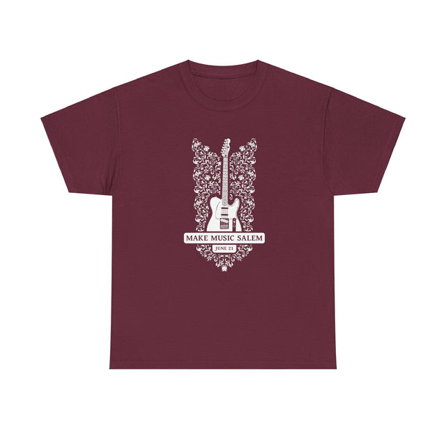 Make Music Day Salem Floral Guitar White Logo T-Shirt T-Shirt Printify - RiverCity Rockstar Academy Music Store, Salem Keizer Oregon