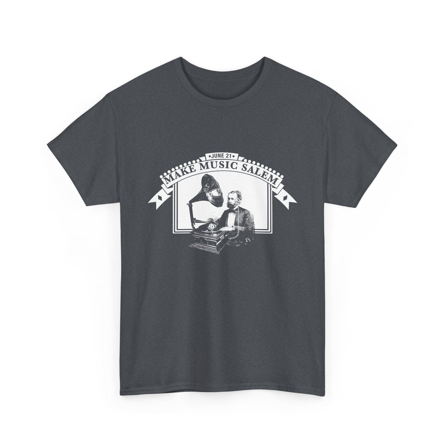 Make Music Day Salem Turntable White Logo T-Shirt T-Shirt Printify - RiverCity Rockstar Academy Music Store, Salem Keizer Oregon