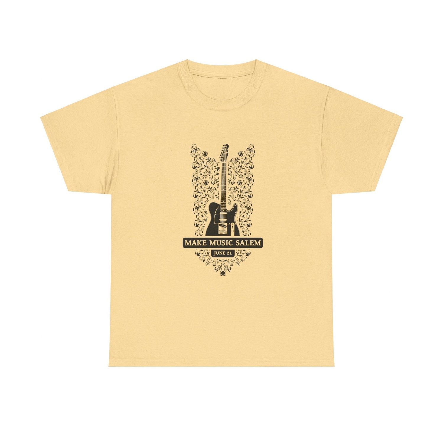 Make Music Day Salem Floral Guitar Black Logo T-Shirt T-Shirt Printify - RiverCity Rockstar Academy Music Store, Salem Keizer Oregon