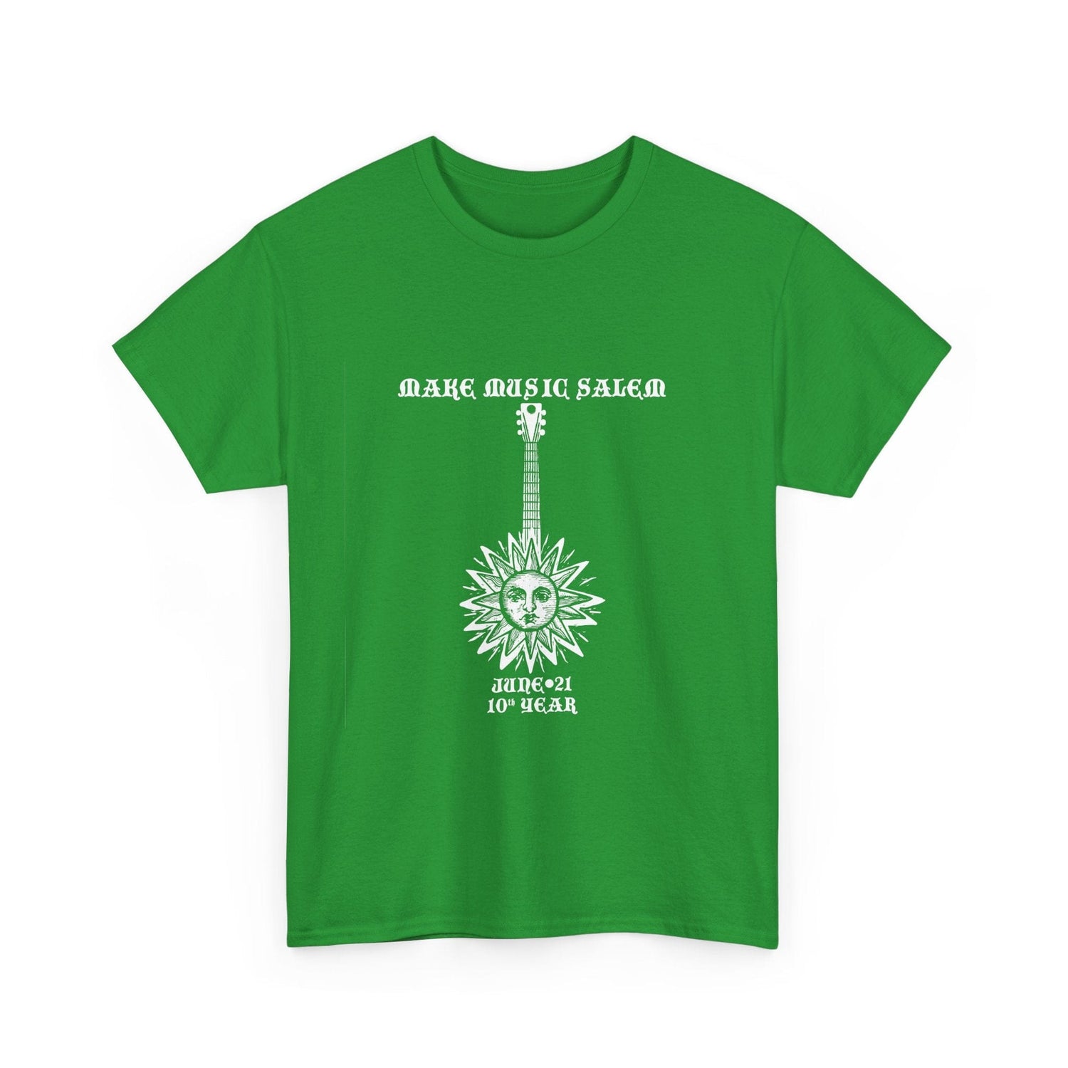 White Make Music Day Salem Sun Guitar Logo T-Shirt featuring vibrant musical imagery and bold branding design