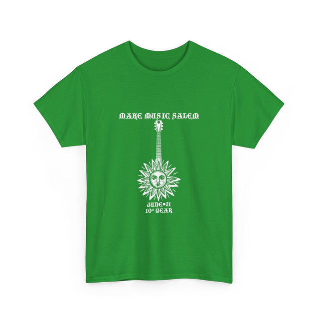 White Make Music Day Salem Sun Guitar Logo T-Shirt featuring vibrant musical imagery and bold branding design