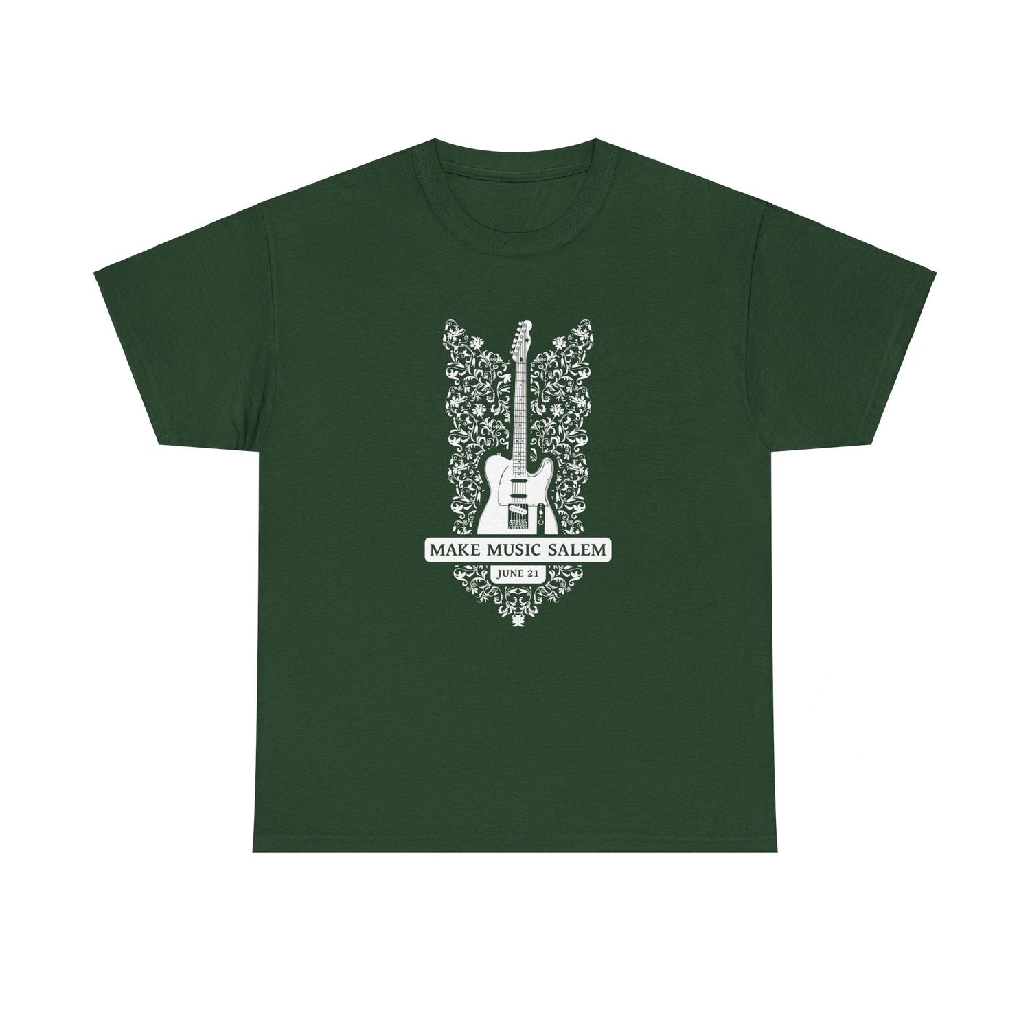Make Music Day Salem Floral Guitar White Logo T-Shirt T-Shirt Printify - RiverCity Rockstar Academy Music Store, Salem Keizer Oregon