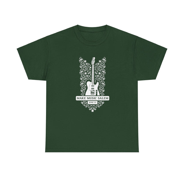 Make Music Day Salem Floral Guitar White Logo T-Shirt T-Shirt Printify - RiverCity Rockstar Academy Music Store, Salem Keizer Oregon