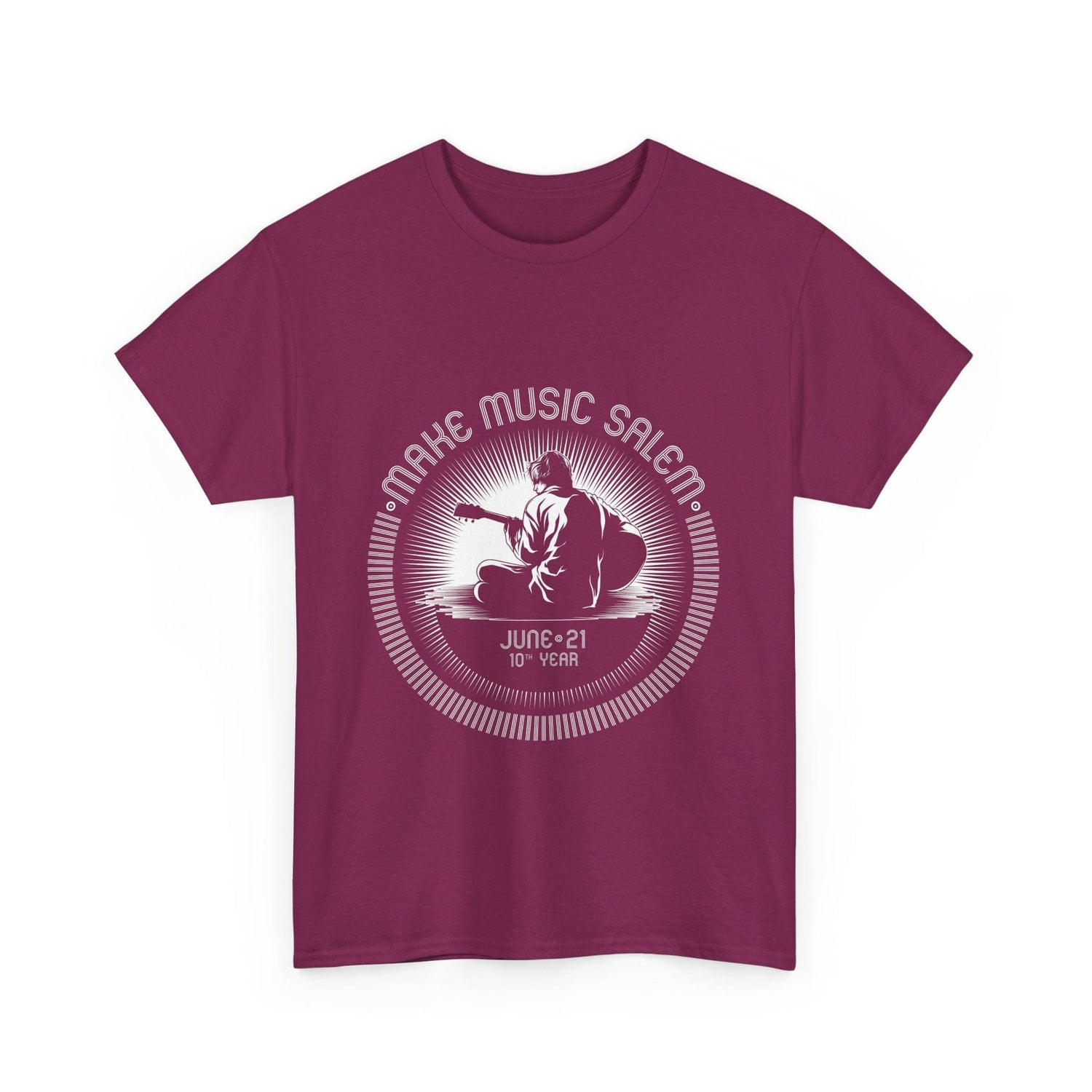 Make Music Day Salem Guitar Guy White Logo T-Shirt featuring a vibrant guitar graphic and bold text design perfect for music enthusiasts and event celebrations