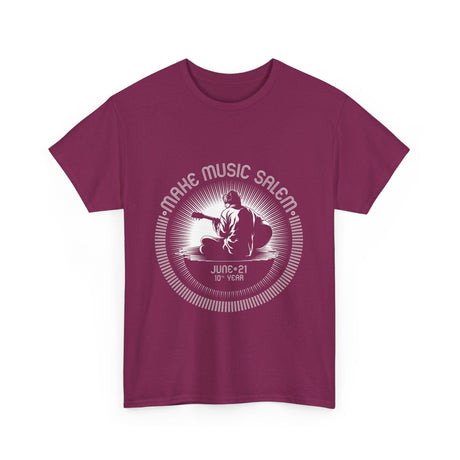 Make Music Day Salem Guitar Guy White Logo T-Shirt featuring a vibrant guitar graphic and bold text design perfect for music enthusiasts and event celebrations