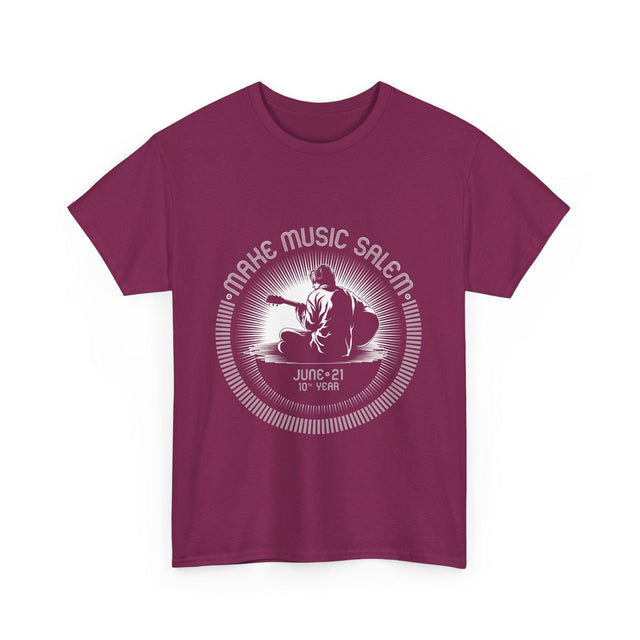 Make Music Day Salem Guitar Guy White Logo T-Shirt featuring a vibrant guitar graphic and bold text design perfect for music enthusiasts and event celebrations